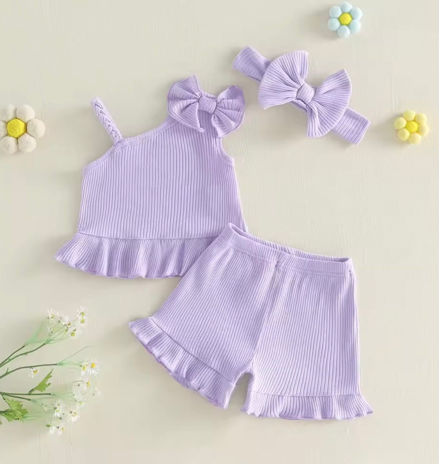 3-Piece One-Shoulder Bow Top & Shorts Set