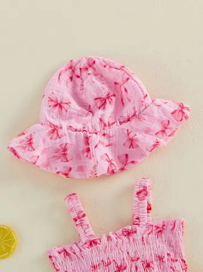 Pink Bow Print Romper with Matching Hat