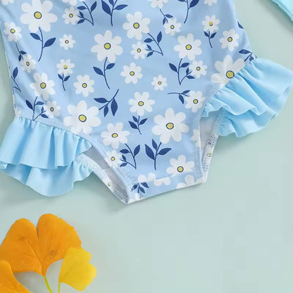 Girls' 3-Piece Blue Floral Swimsuit, Hat & Headband Set