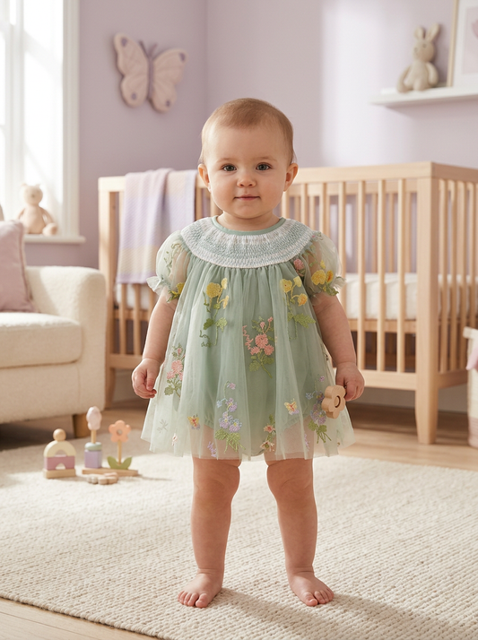 Infant Girl Soft Green Flower Mesh Romper