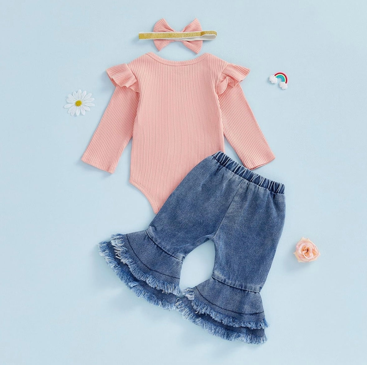 Floral Denim Flare Pants & Ribbed Romper Set