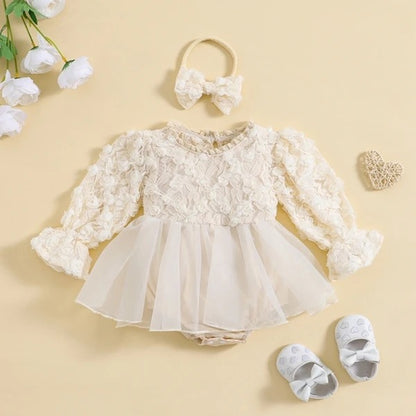 Elegant Cream Long Sleeve Tulle Dress Romper Set