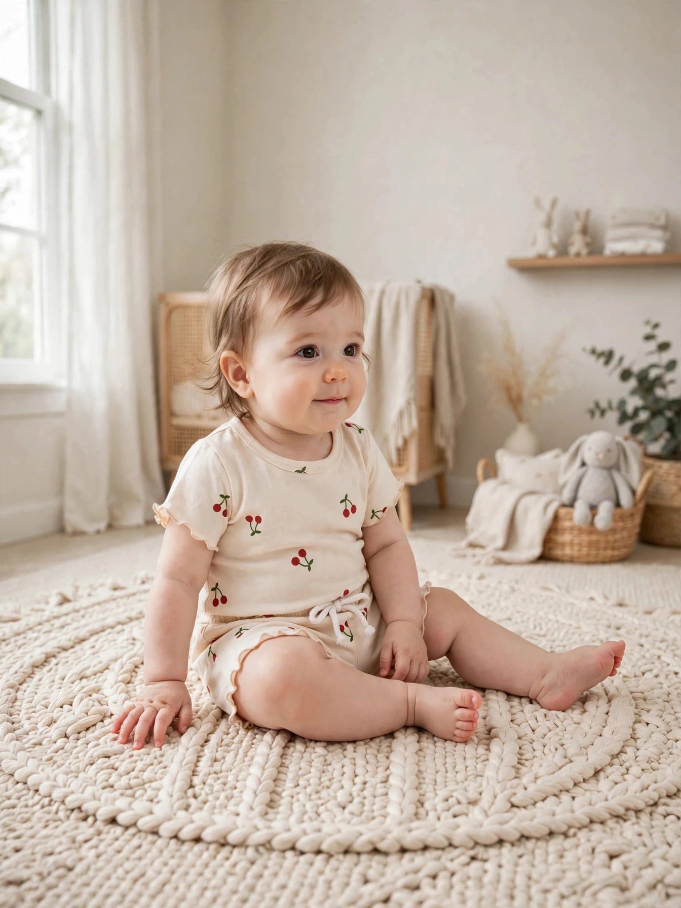 Beige Cherry Print Top & Shorts Set