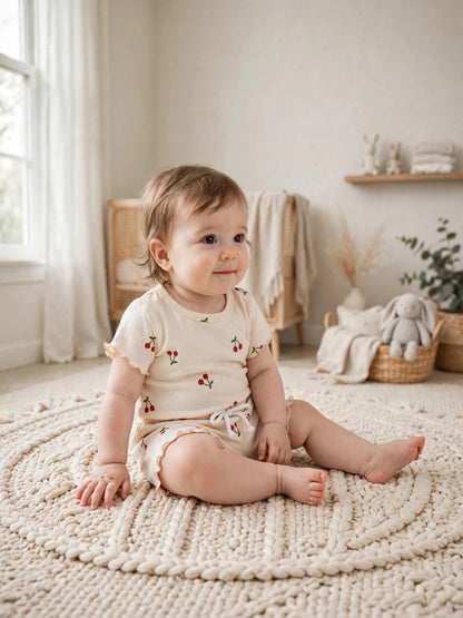 Beige Cherry Print Top & Shorts Set
