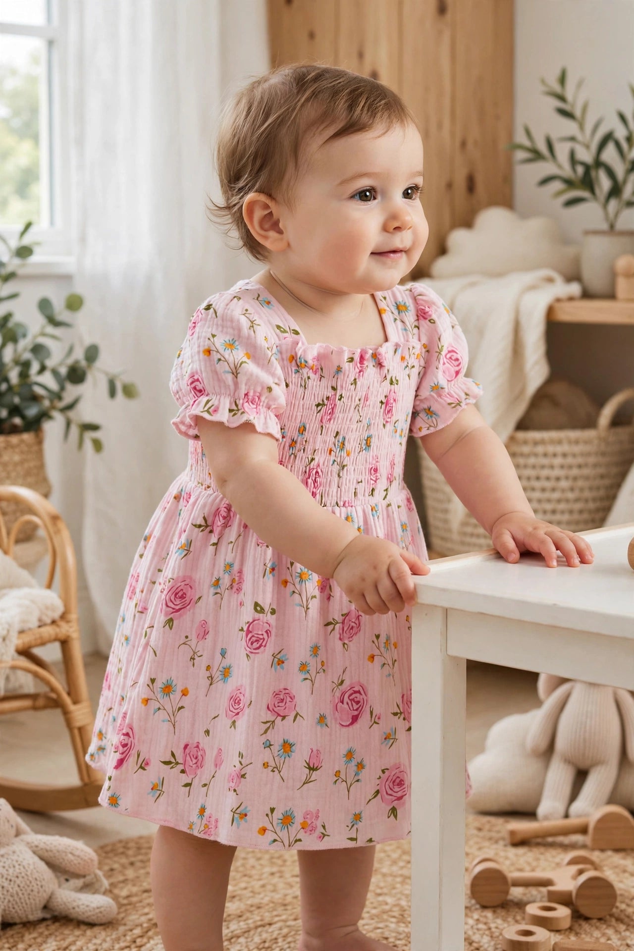 Soft Pink Floral Cotton Summer Dress