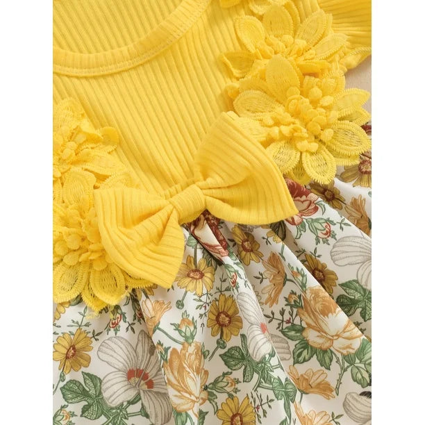 Baby Girl Yellow Floral Romper with 3D Flowers & Matching Headband