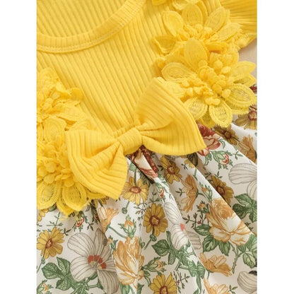 Baby Girl Yellow Floral Romper with 3D Flowers & Matching Headband