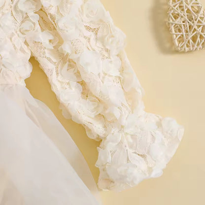 Elegant Cream Long Sleeve Tulle Dress Romper Set