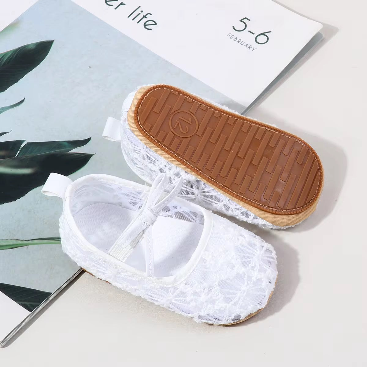 Baby Girl Floral Mesh Mary Jane Flats – White