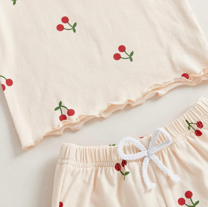 Beige Cherry Print Top & Shorts Set