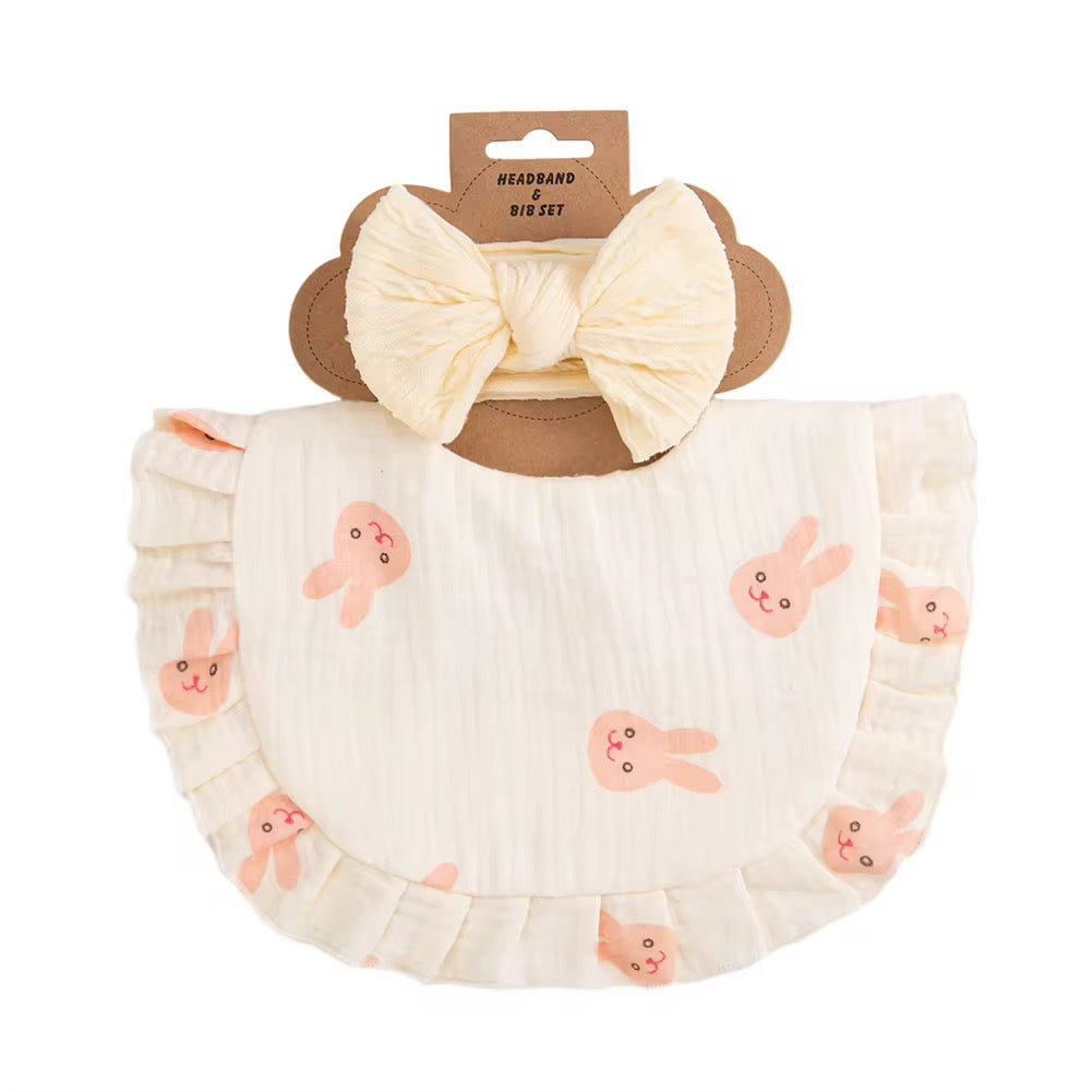 Ruffled Muslin Bib & Headband Set – Light Yellow Bunny