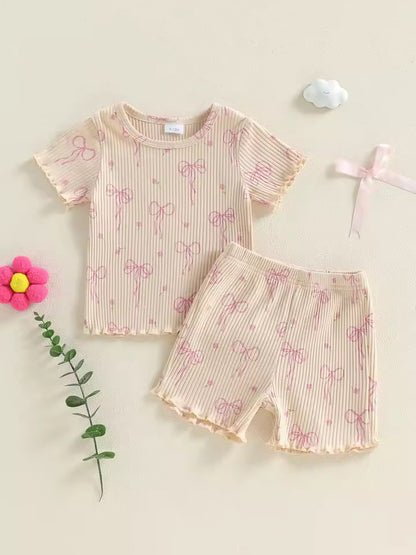 Beige Pink Bows Top & Shorts Set