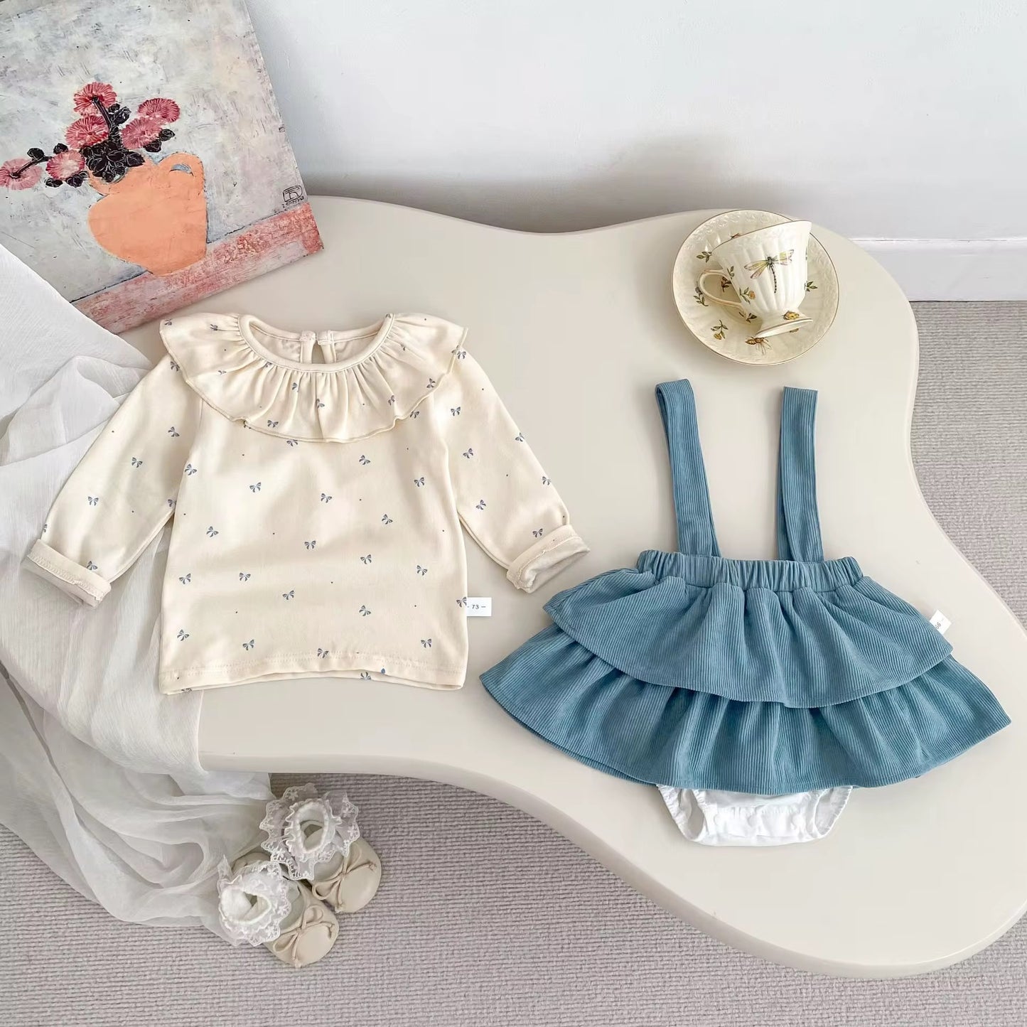 Blue Ruffle Suspender Skirt & Butterfly Top Set