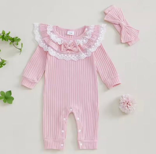 Newborn Girl Pink Ribbed Jumpsuit & Headband Set