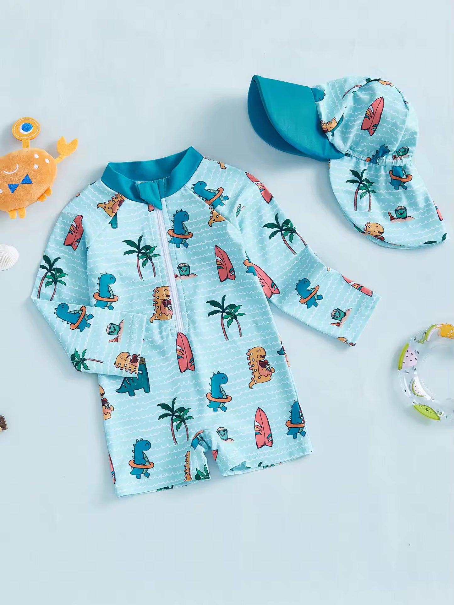 Full-Sleeve Dinosaur Print Swimsuit & Sun Cap Combo