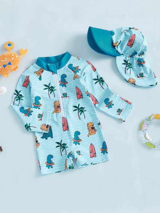 Full-Sleeve Dinosaur Print Swimsuit & Sun Cap Combo