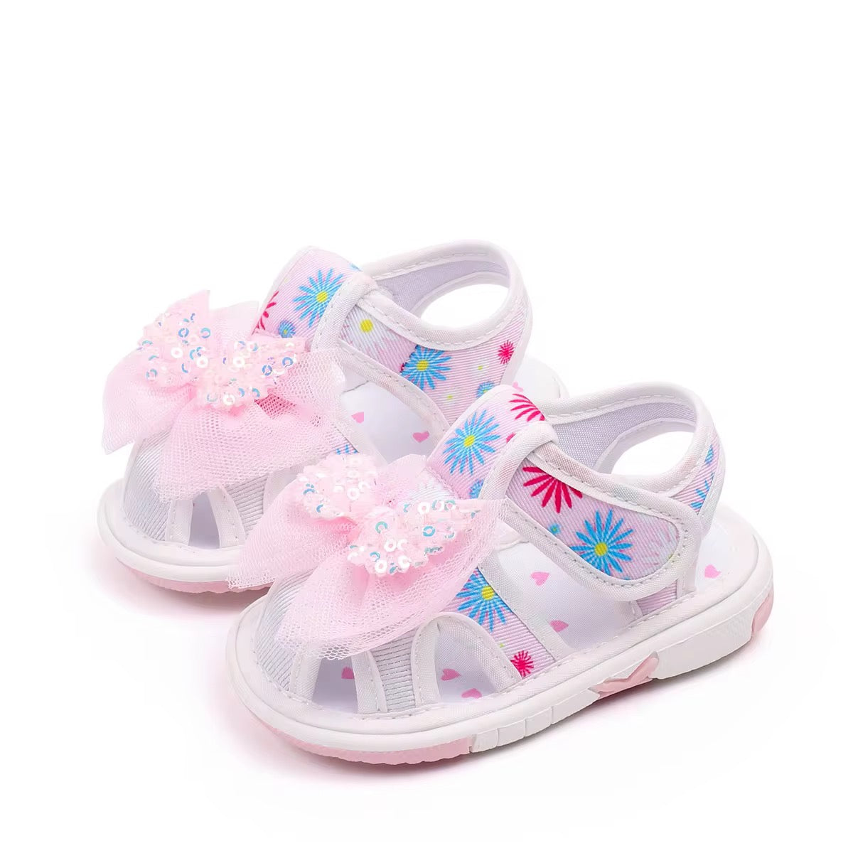 White Squeaky Floral Bow Baby Sandals