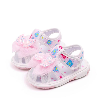 White Squeaky Floral Bow Baby Sandals