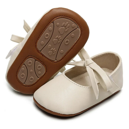 Classic Beige Baby Shoes with Tied Bow