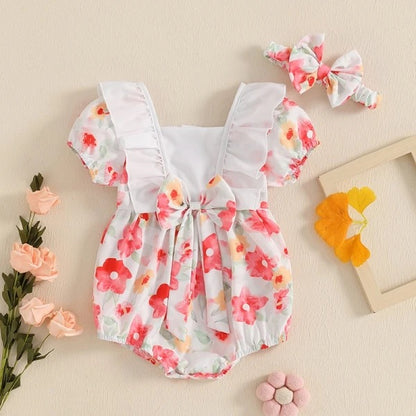 Baby Girl Ruffle Sleeve Floral Sunsuit & Headband