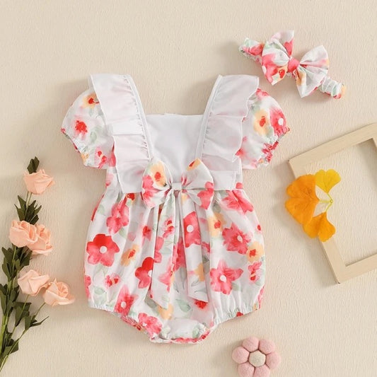 Baby Girl Ruffle Sleeve Floral Sunsuit & Headband