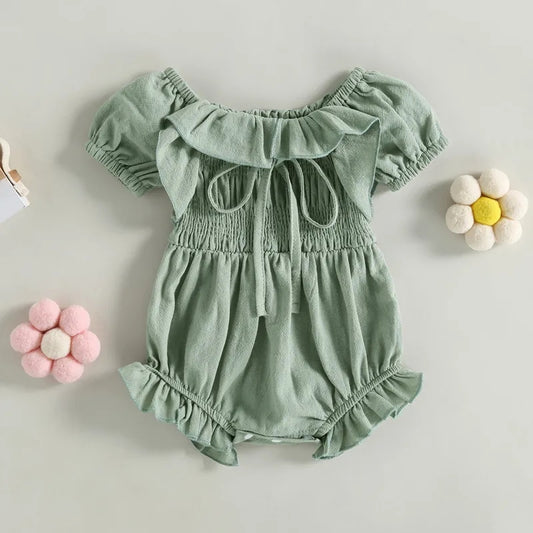 Baby Girl Mint Green Cotton Romper with Ruffle Collar