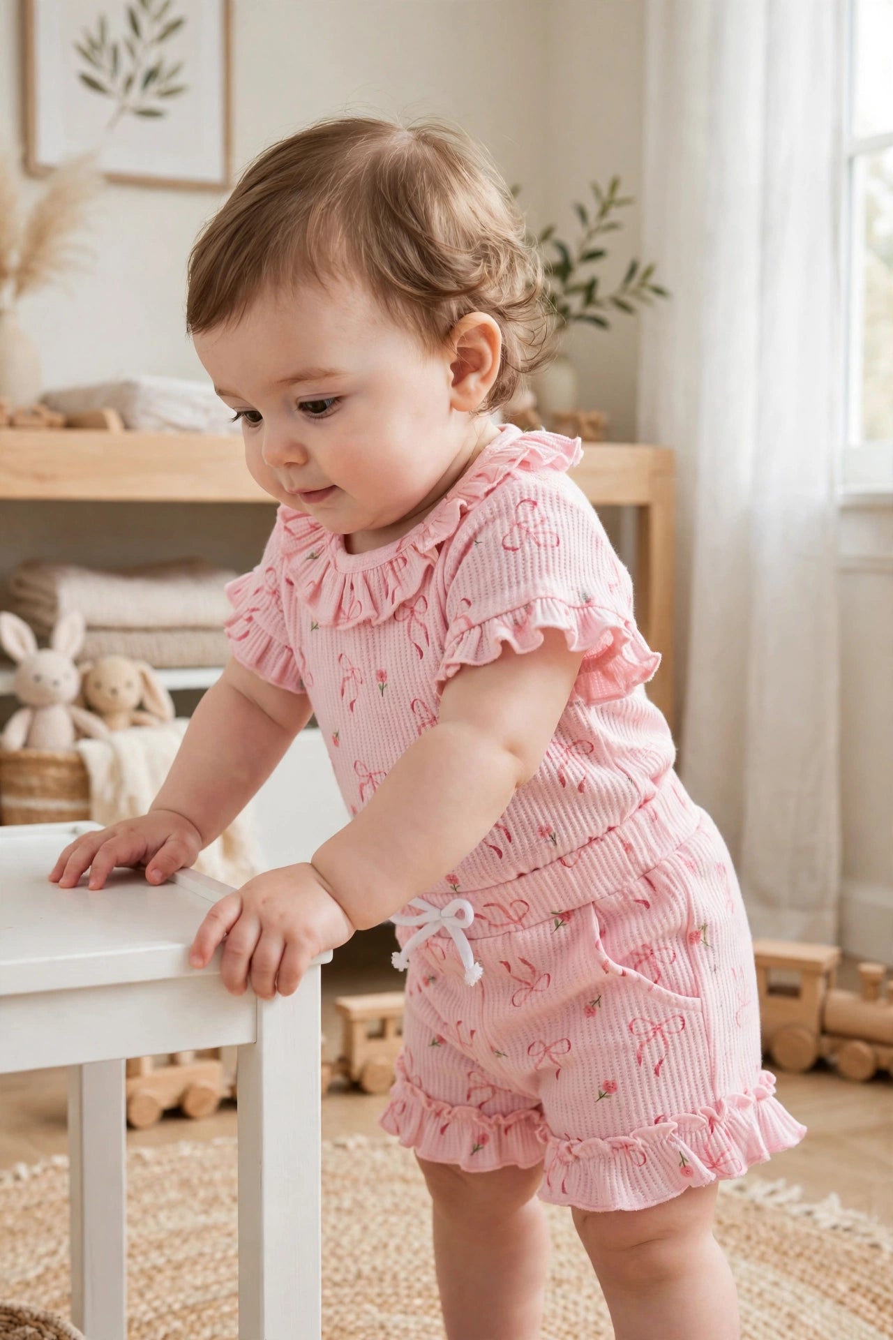 Pink Bow & Floral Top with Ruffle Shorts