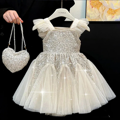 Beige Sequin Party Dress with Matching Bag