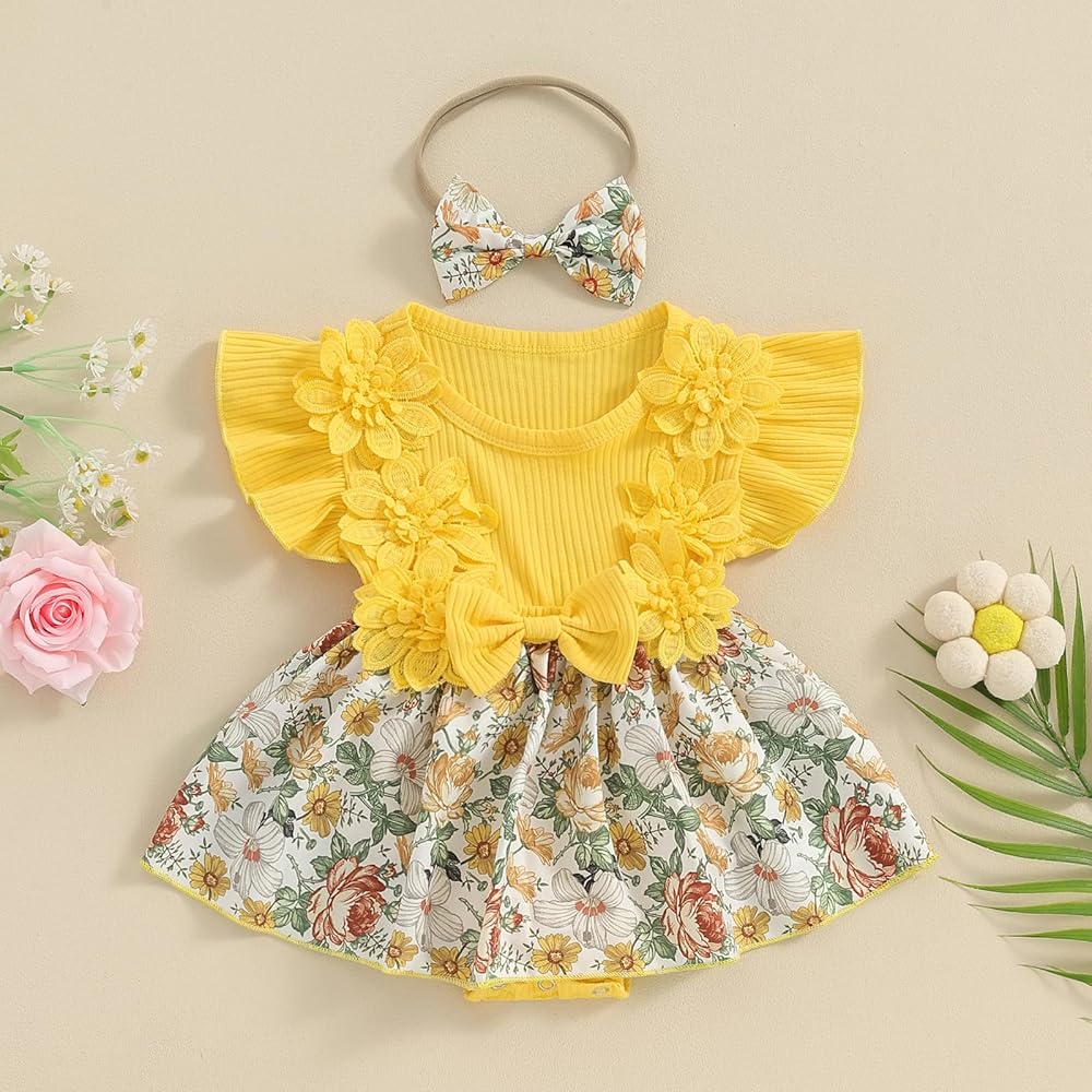 Baby Girl Yellow Floral Romper with 3D Flowers & Matching Headband