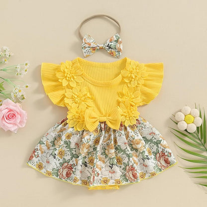 Baby Girl Yellow Floral Romper with 3D Flowers & Matching Headband