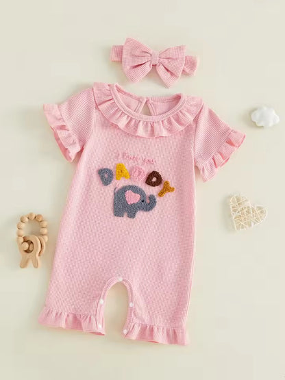 Pink Waffle Elephant Romper with Headband