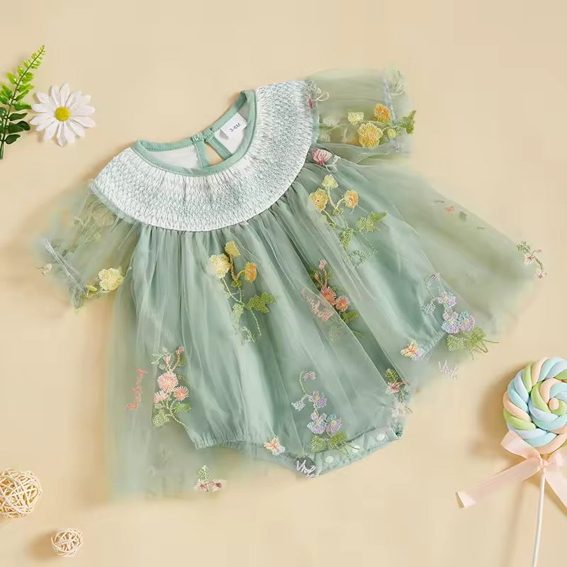 Infant Girl Soft Green Flower Mesh Romper