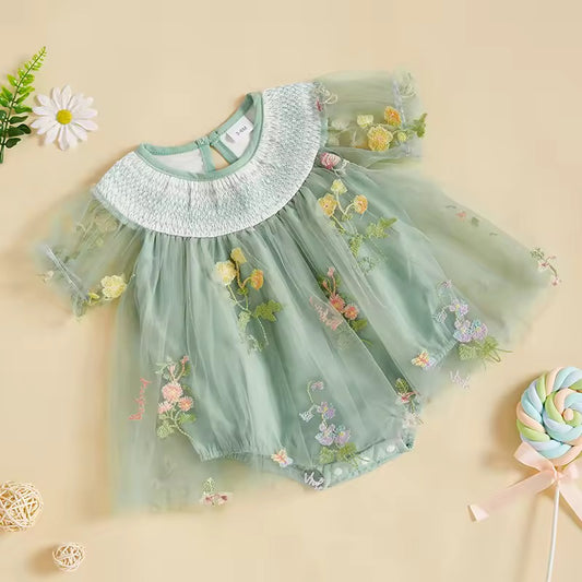 Infant Girl Soft Green Flower Mesh Romper
