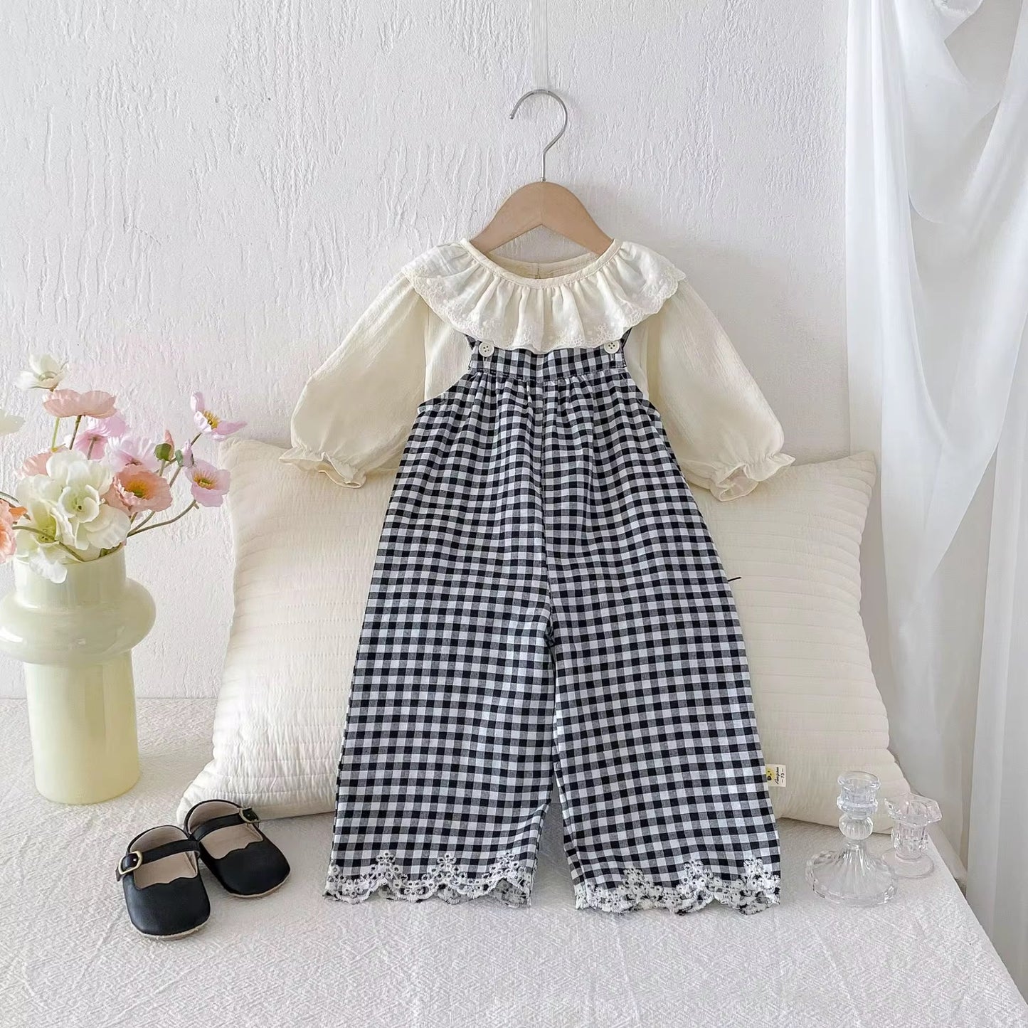 Black & White Plaid Overall Set
