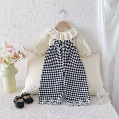 Black & White Plaid Overall Set