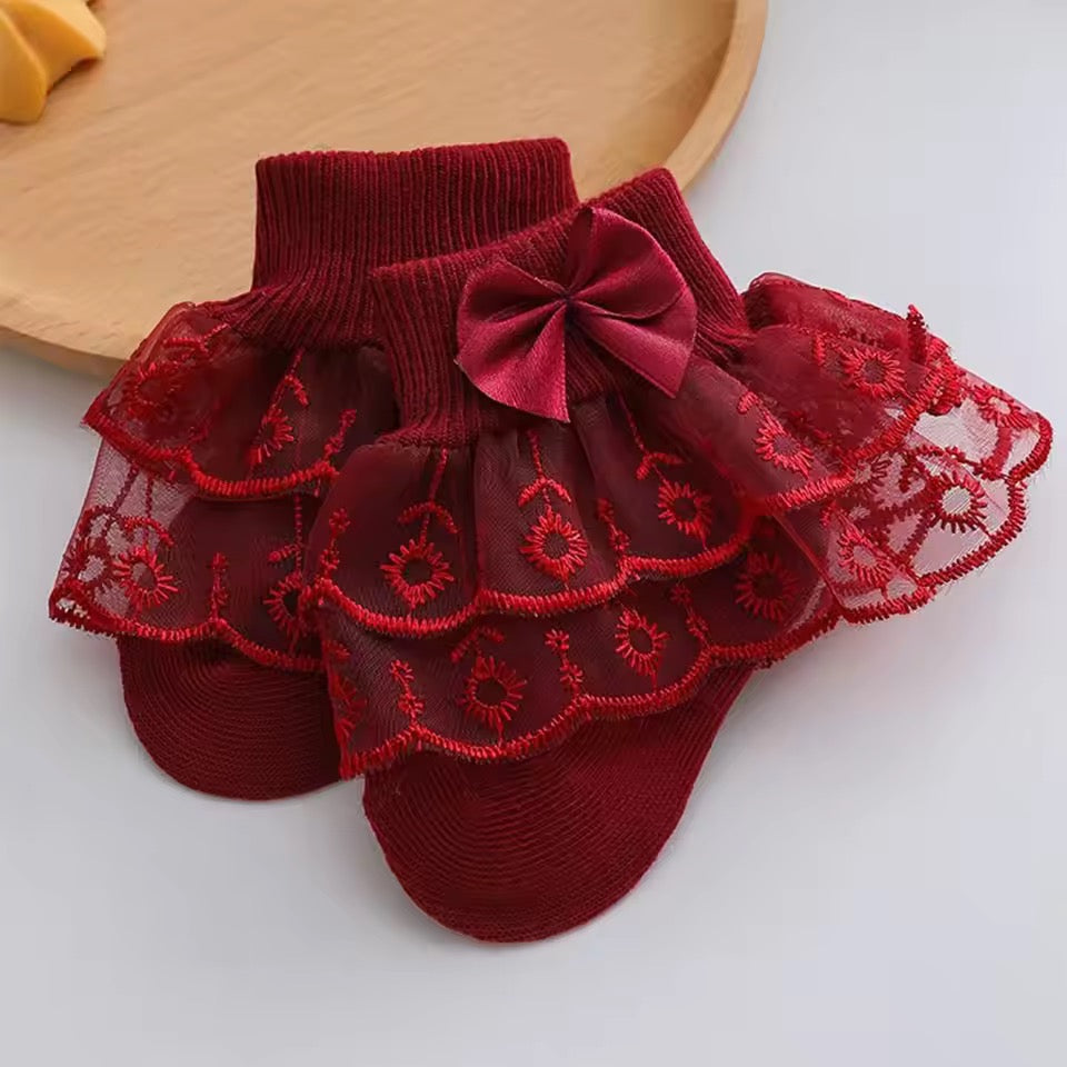 Soft & Gentle Baby Lace Ruffle Socks – Burgundy Red