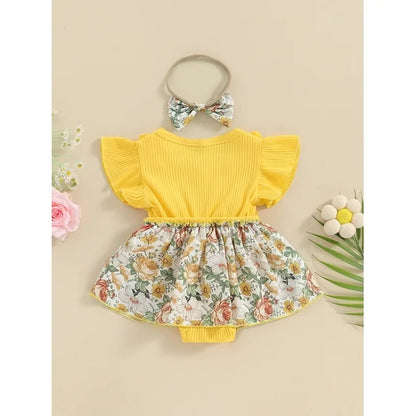 Baby Girl Yellow Floral Romper with 3D Flowers & Matching Headband