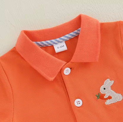 Orange Polo Shirt with Bunny Embroidery & Carrot Print Shorts