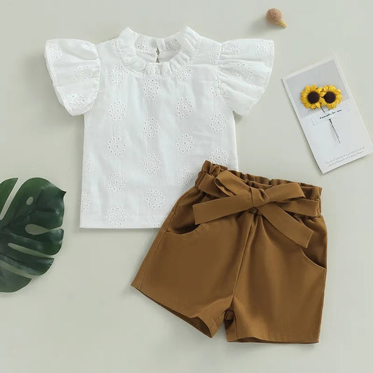 Baby Girl White Lace Top and Brown Shorts