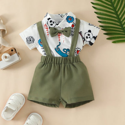 Baby Boy Olive Green Animal Print Shirt & Shorts Set
