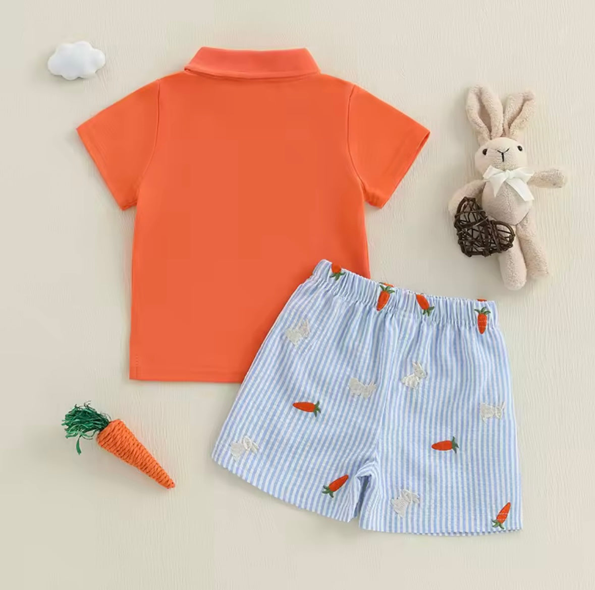 Orange Polo Shirt with Bunny Embroidery & Carrot Print Shorts