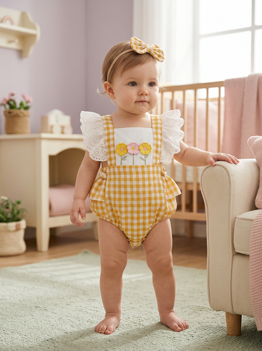 Elegant Sunny Yellow Plaid Romper set