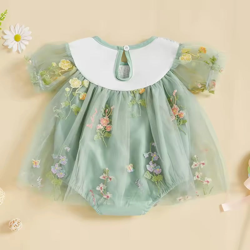 Infant Girl Soft Green Flower Mesh Romper