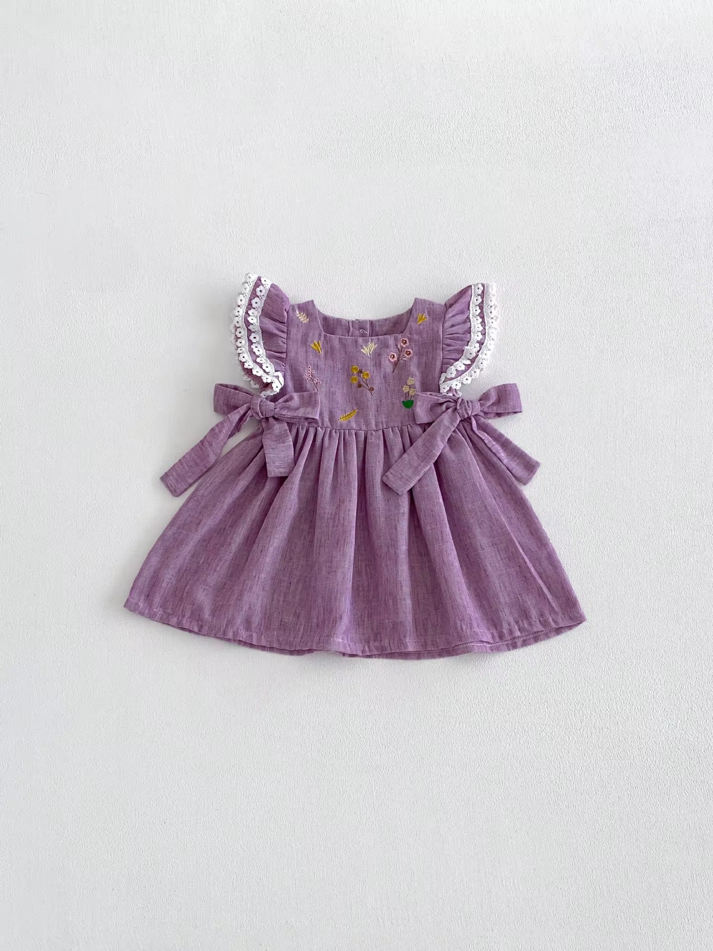 Purple Floral Embroidered Linen Dress