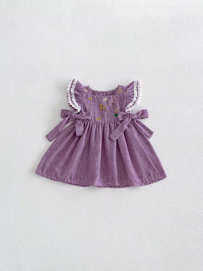 Purple Floral Embroidered Linen Dress