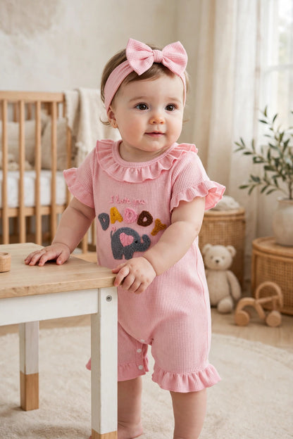 Pink Waffle Elephant Romper with Headband