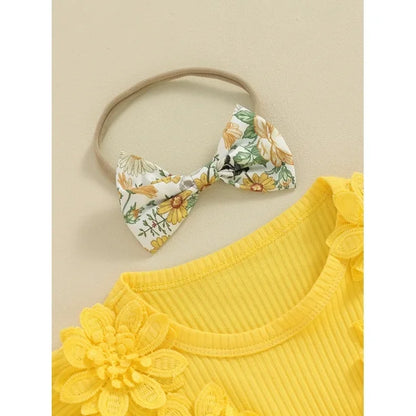 Baby Girl Yellow Floral Romper with 3D Flowers & Matching Headband