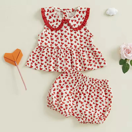Red Hearts Print Top & Shorts Set