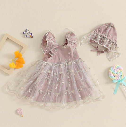 Vintage Rose Princess Lace Dress with Bonnet