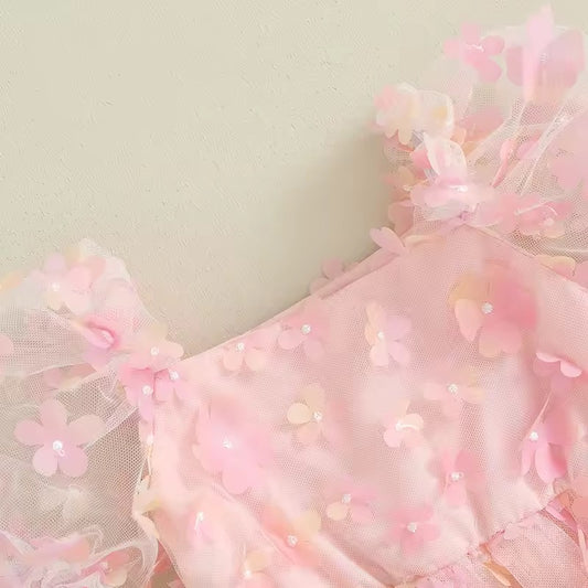 Newborn Girl Pink 3D Flower Party Romper with Bow Headband